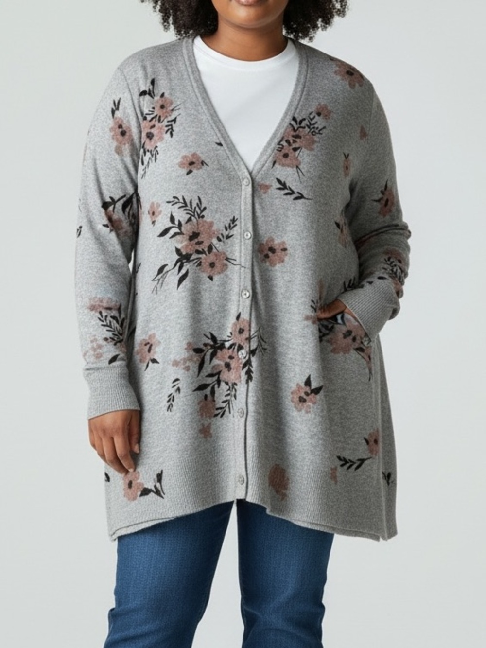torrid Gray Floral Button-Front Cardigan with Dusty Rose Flowers